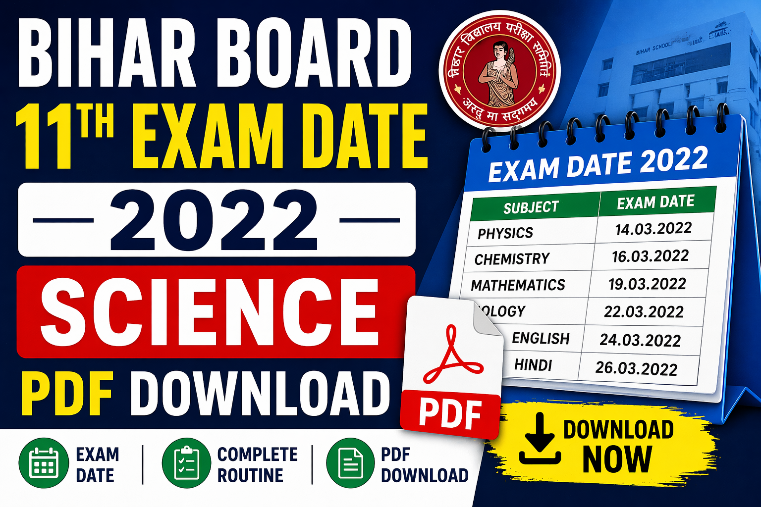 Bihar Board 11th exam date 2022 science PDF
