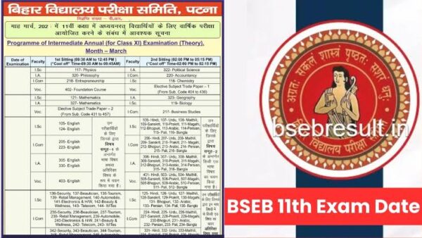 Bihar Board 11th Exam Date 2022 Science PDF Download